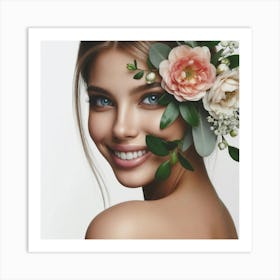 Beautiful Woman With Flowers On Her Head Art Print