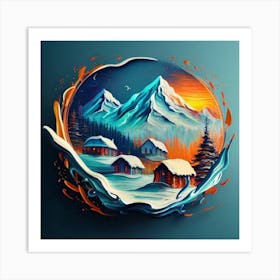 Abstract painting of a mountain village with snow falling 17 Art Print