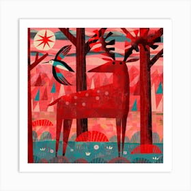 Woodpecker And Deer Square Art Print