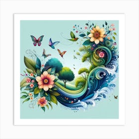 Flowers And Butterflies Art Print