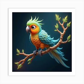 A Whimsical Parrot With Feathers Of Fractal Patterns Perched On A Mystical, Glowing Branch 1 Art Print