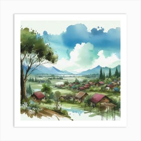 Watercolor Village Background Art Print