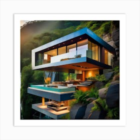 Modern House On The Edge Of A Waterfall Art Print