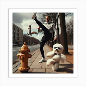 Man With Dog And Fire Hydrant Art Print