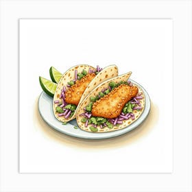 A Charming Watercolor Image Of A Plate Of Crispy And Flavorful Fish Tacos With A Side Of Coleslaw 2 Art Print