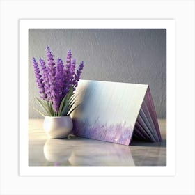 Lavender Flowers In A White Pot With A Book Art Print