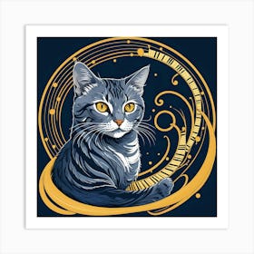 The Pianist Cat, Blue and Yellow Art Print