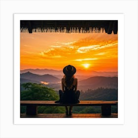 Woman In Black Hat Sitting Alone On A Wooden Balcony Overlooking A Hill Dotted Landscape Trees Al (7) Art Print