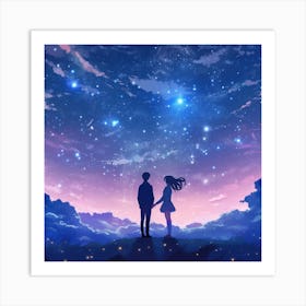 Couple Holding Hands Under The Stars Art Print