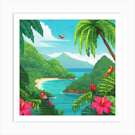 Tropical Paradise Pixel Art, Tropical, pic cell art, good flowers, nice colors, flowers, trees, digital art of nature, wall art of birds, wall art of flowers, wall art of greenery Art Print