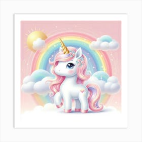 Cute Unicorn with sun and rainbow Art Print