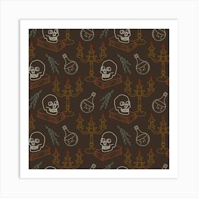 Seamless Pattern With Skulls And Candles on Brown Art Print