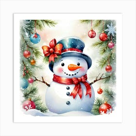 Snowman With Christmas Decorations Art Print