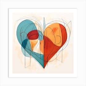 Heart Doodle Sketch Blue & Orange 8 Art Print