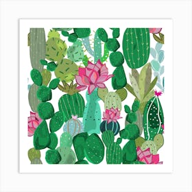 Cactus And Succulent Tropical Flowers Pattern Square Art Print