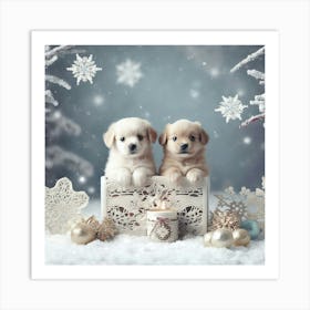 2 Cute White Puppies In A Christmas Decor Art Print