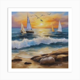 Oil painting design on canvas. Sandy beach rocks. Waves. Sailboat. Seagulls. The sun before sunset.3 Art Print