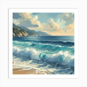 Beach And Waves, Acrylic Painting Style Art Print