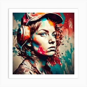 Colorful Girl With Headphones Art Print