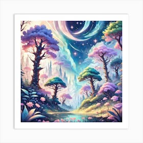 A Fantasy Forest With Twinkling Stars In Pastel Tone Square Composition 34 Art Print