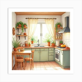 Cozy Kitchen Watercolor Scene, Warm And Cheerful Tones 1 Art Print