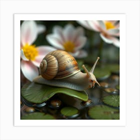 Snail On Water Lily Art Print