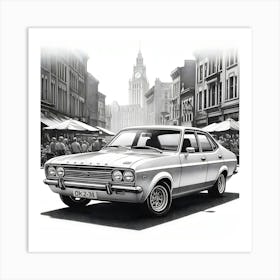 A Black And White Pencil Sketch Of A Ford Cortina 1976 4 Art Print