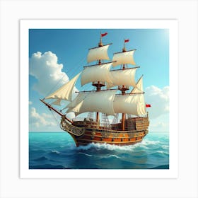 Ornate Royal Ship With Gold Trim Sailing On A Sparkling Ocean 1 Art Print