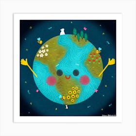 Cute Earth Planet Square Art Print