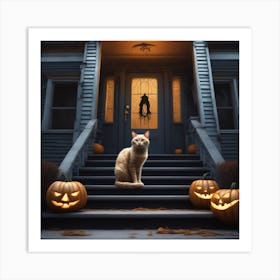 Halloween Cat In Front Of House 20 Art Print