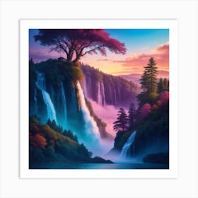 Waterfall At Sunset Art Print