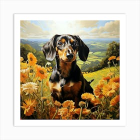 Dachshund Amongst Orange Flowers In Countryside 1 Art Print