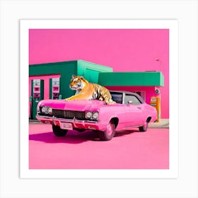 Tiger on a pink car Art Print