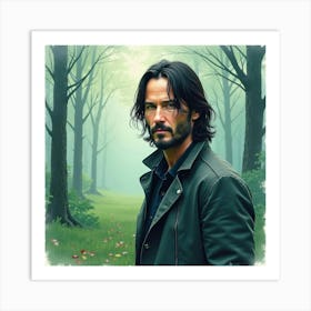 Watercolor Portrait Of Keanu Reeves In A Misty Forest, Soft Hues Of Green And Blue Art Print