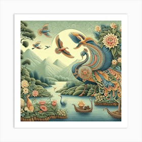 Peacocks In The Water Art Print