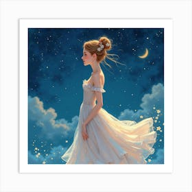 Elegant Lady In Watercolor Attire, Dreamy Starry Night 1 Art Print