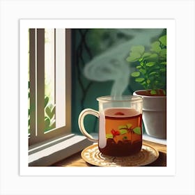 Imagine a visually stunning composition where a delicate tea cup is elegantly placed next to a vibrant potted plant. The warm colors of tea blend harmoniously with the lush greenery, creating a relaxing and inviting atmosphere Art Print