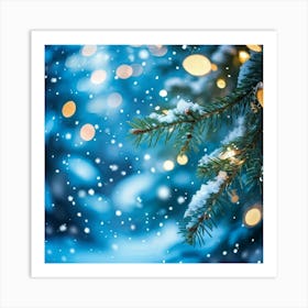 A Christmas Tree Branch Gleaming With Delicate Snowflakes In The Foreground A Merry Banner With Glo Art Print