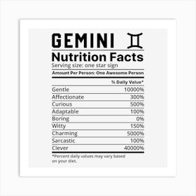 Gemini Nutrition Facts Art Print