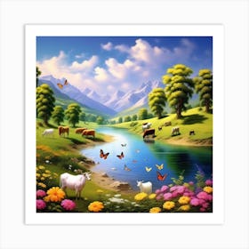 Landscape With Cows And Butterflies Art Print