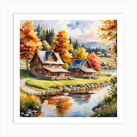 Autumn Cottages By The River Art Print