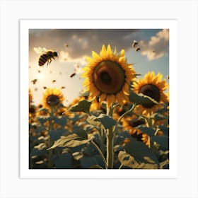 Sunflowers And Bees Art Print