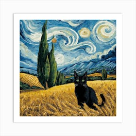 A Wheatfield With Cypresses Inspired With Black Cat Portrait 3 Art Print