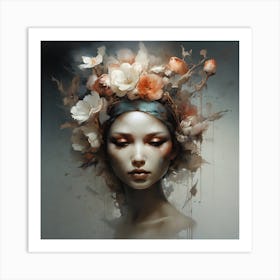 Woman With Flowers On Her Head Art Print