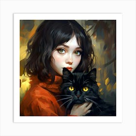 Autumn Intimacy - A Girl And Her Black Cat Art Print