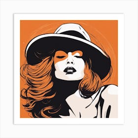 A Silhouette Of A Woman Wearing A Black Hat And Laying On Her Back On A Orange Screen, In The Style (5) Art Print