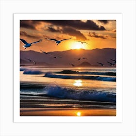 Seagulls At Sunset 3 Art Print