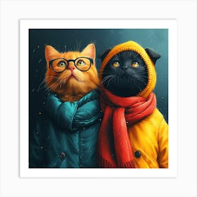 Two Cats In Winter Coats Art Print