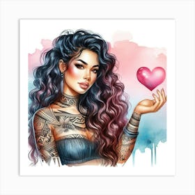 Tropical Tattooed Girl Holding Heart Art Print