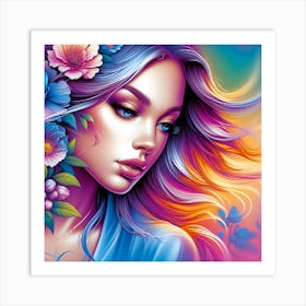 Colorful Girl With Flowers 6 Art Print